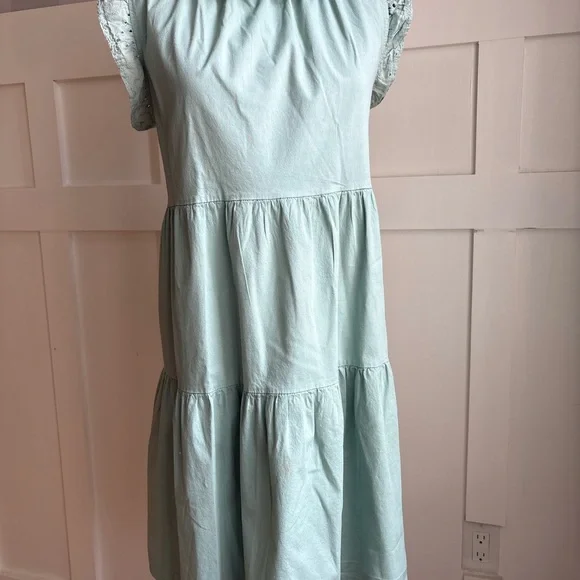 Italian Cotton Mint Tiered Dress with Lace Cap Sleeves XL - Picture 2 of 9